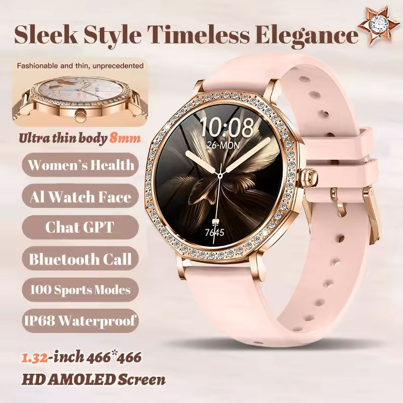 Women Luxury Diamond Dial Smartwatch with Health Monitoring 1.32-inch AMOLED Display Diamond-Studded Dial Bluetooth Calling ChatGPT AI Assistant 100+ Sports Modes IP68 Water Resistance Extended Battery Life Fashionable Luxury Sports Watch