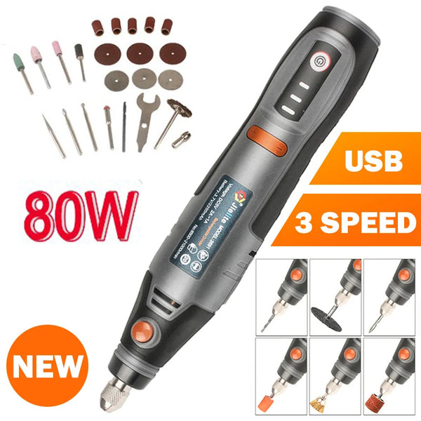 80W Professional Electric Mini Drill Engraving Pen USB Cordless Rotary Tool Dremel Electric USB Mini Wireless Drill with 24Pcs Accessories DIY Set