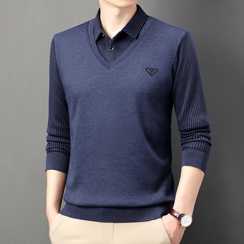 Men's Fake 2-Piece Thicken Knitted Shirt Blue/Grey/Green