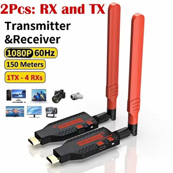 2Pcs(RX and TX) 5G 1080P 150M HDMI Wireless Audio Video Transmitter Receiver Extender for 1 TX-4 RX PS4 Camera Laptop PC to TV Monitor Projector