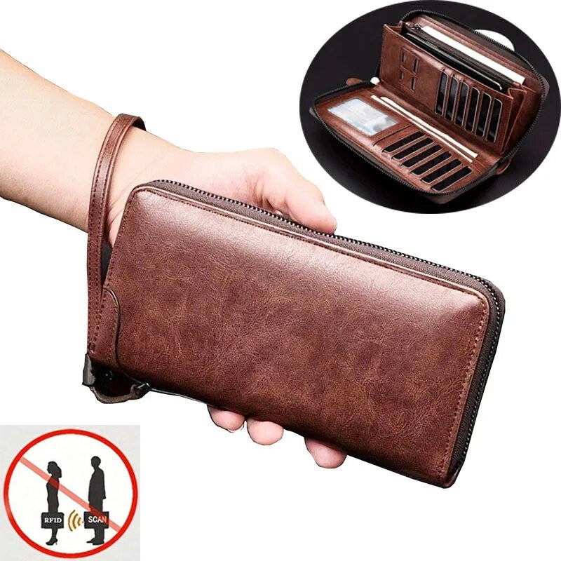Men's RFID Blocking Long Zipper Wallet High Quality Oil Wax Leather Wallet Men Business Clutch Bag