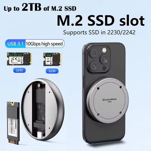 M.2 NVMe 2230 2242 SSD Enclosure Magnetic Hard Drive Box 10Gbps Type C USB3.1 to VMe PCI-E SSD Case for NEW iPhone Android Phone MacBook/iPad Pro/Laptop