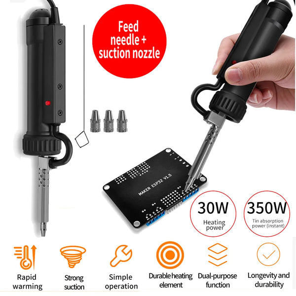 Automatic Tin Sucker With 3 Suction Nozzle US/EU Plug Portable Electric Vacuum Soldering Remove Pump Desoldering Machine Black