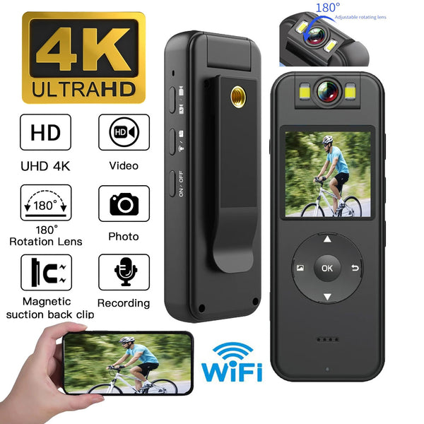 Panoramic HD 4K WiFi 180° Flip Camera with Real-time View Screen Camera IR Night Vision Body Camera Video Recorder Security Surveillance Camcorder Sports DV Motorcycle DVR