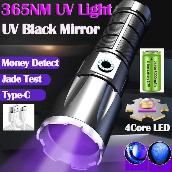 100Watts 4-Core XHP50 365nm UV LED Black Light Flashlight with 26650 Rechargeable Battery for Disinfect Resin Curing Scorpion & Pet Urine Finding