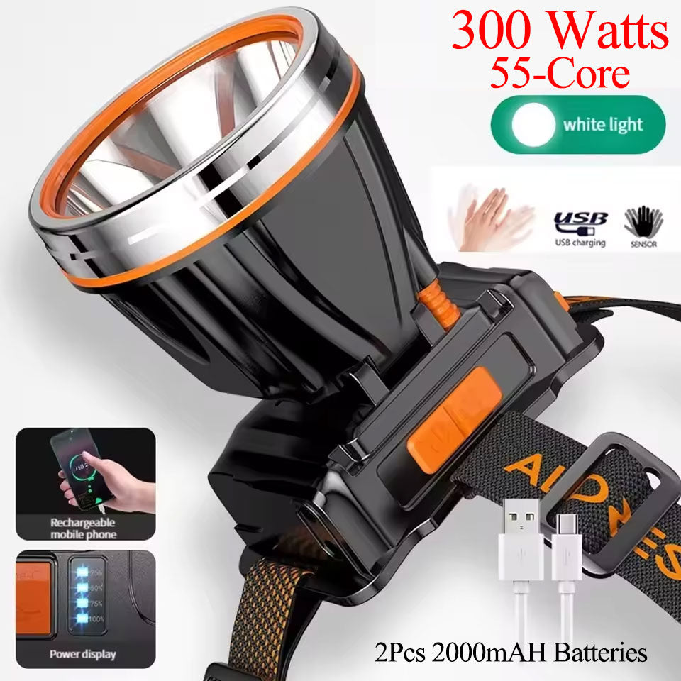 Ultra-Bright 55-Core 300W Smart Sensor Headlamp with 2x 18650 Batteries Supports Phone Charging Battery Level Display Splash-Proof Design Ideal for Camping, Fishing,Patrols, and Cycling