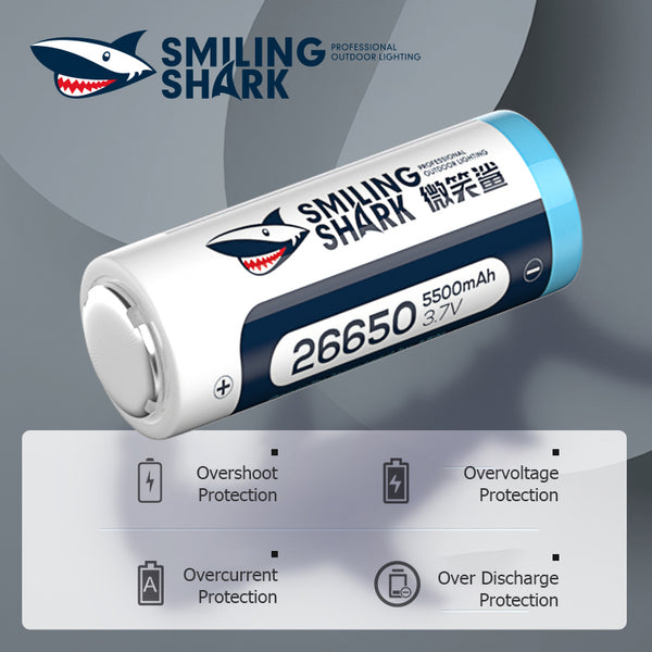 Smiling Shark 26650 Rechargeable Battery, 3.7V Lithium Battery, Li-ion Rechargeable Batteries Large Capacity 26650 Batteries for Flashlight 2-Pack