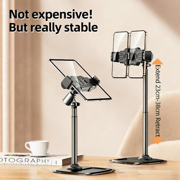 Metal Dual-Device Phone & Tablet Stand｜Desktop Portable Adjustable Height & Rotation for Low-Angle Shots, Binge-Watching & Office Use｜360° Smooth Silent Hinge Adjustment｜Weighted Alloy Base for Anti-Shake Stability