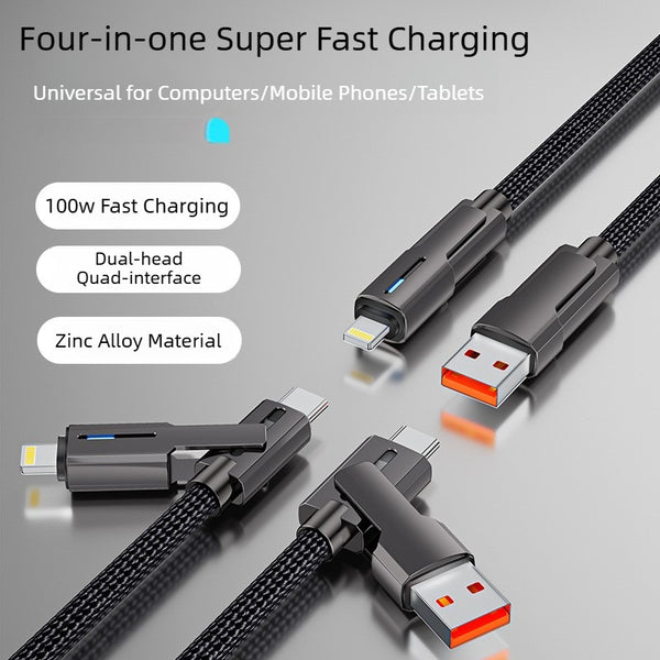 100W Quad-Function Zinc Alloy Rotatable Connector Fast Charging Cable | Type-C to Lightning Nylon Braided Dual-Ended Data Cable | Universal Fast Charging for Mobile Phones, Computers and Tablets