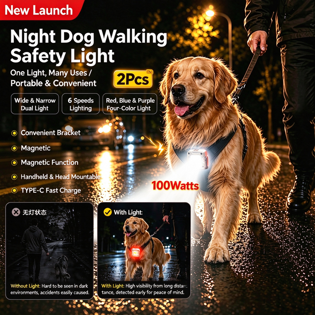 2-Pack 100-Watt 6-in-1 Multifunctional Portable Clip-on Light | Safety Light for Nighttime Dog Walking & Magnetic, Waterproof Flashlight