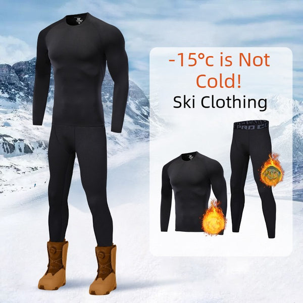 Men's Sports Ski Quick-Dry Base Layer Tights Compression Suit | Fleece-Lined Moisture-Wicking Winter Mountaineering Running Suit | Four-Way Stretch Design | -15℃ Cold Protection
