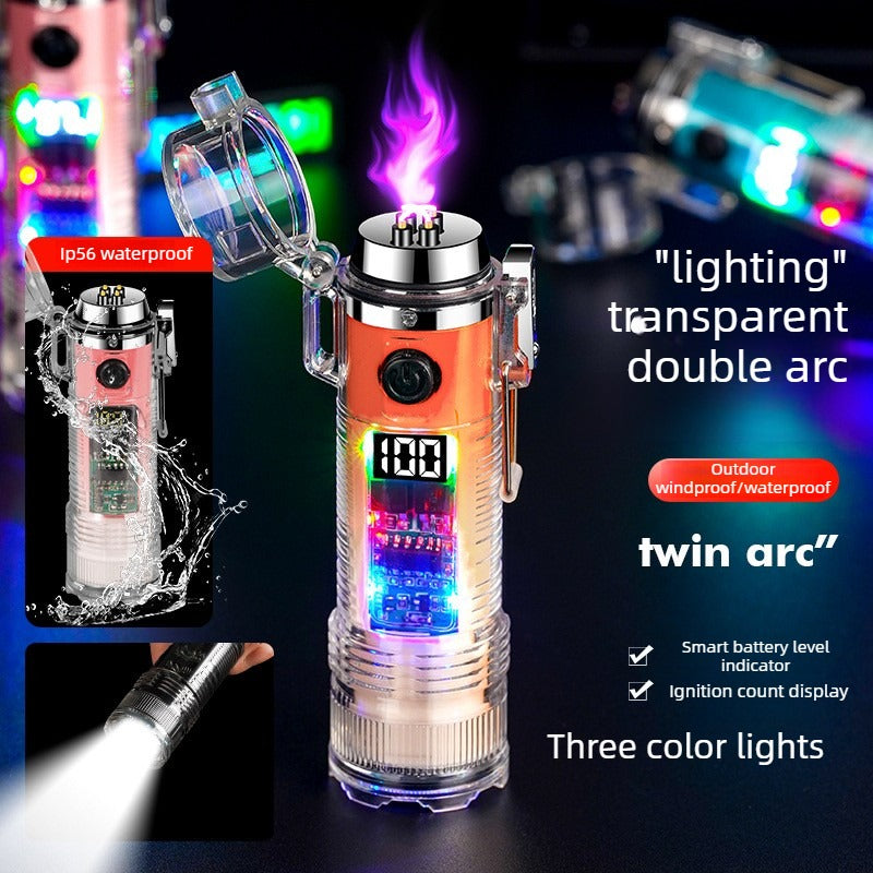Translucent Colour-Changing Torch and Lighter: Windproof Ignition + High-Intensity Torch + IP56 Waterproof Rating + Smart Display for Battery Level and Ignition Counts – All-in-One Device