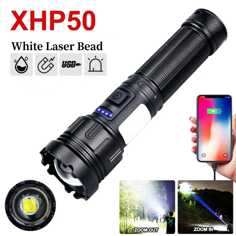 200W XHP50 White Laser Zoom LED Torch with Rechargeable Battery with Mobile Power Function With Side Light
