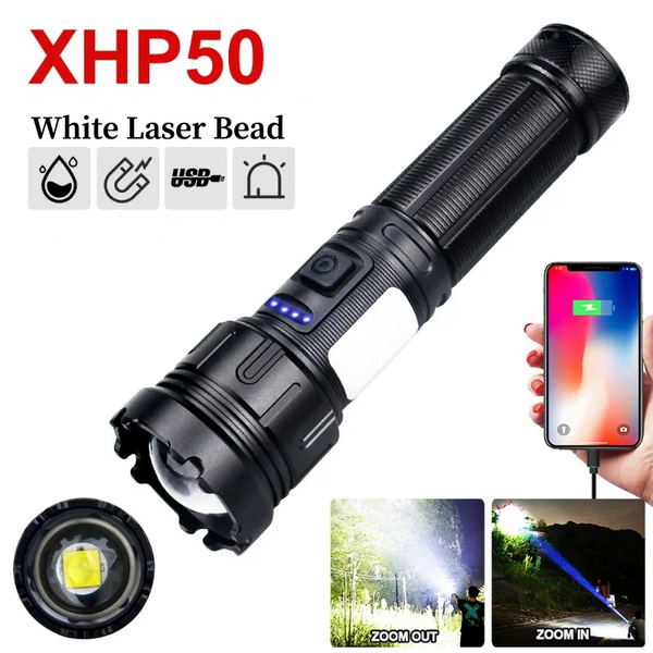 200W XHP50 White Laser Zoom LED Torch with Rechargeable Battery with Mobile Power Function With Side Light