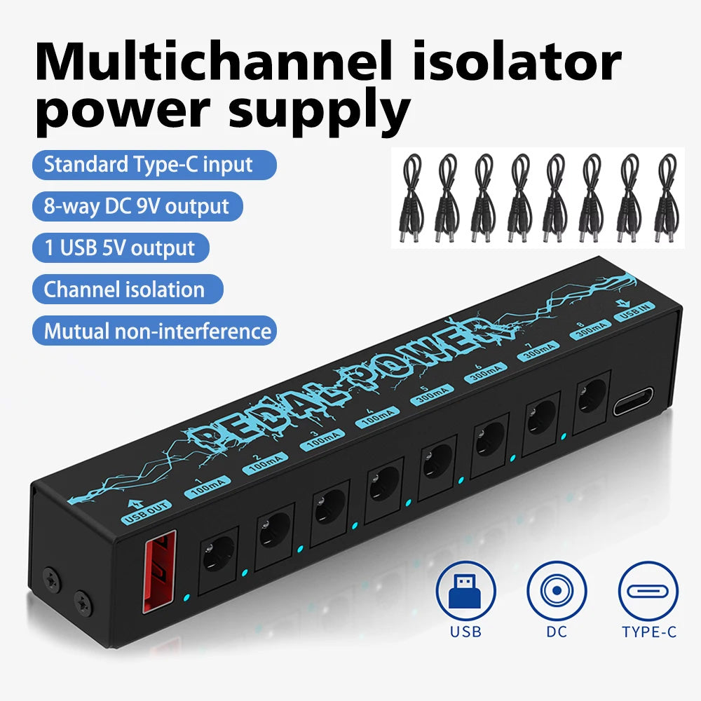 Guitar Pedals Power Supply 5V/2.1A with 8 Outputs Portable Durable Pedalboard Power Supply with USB Port Guitars Power Supply