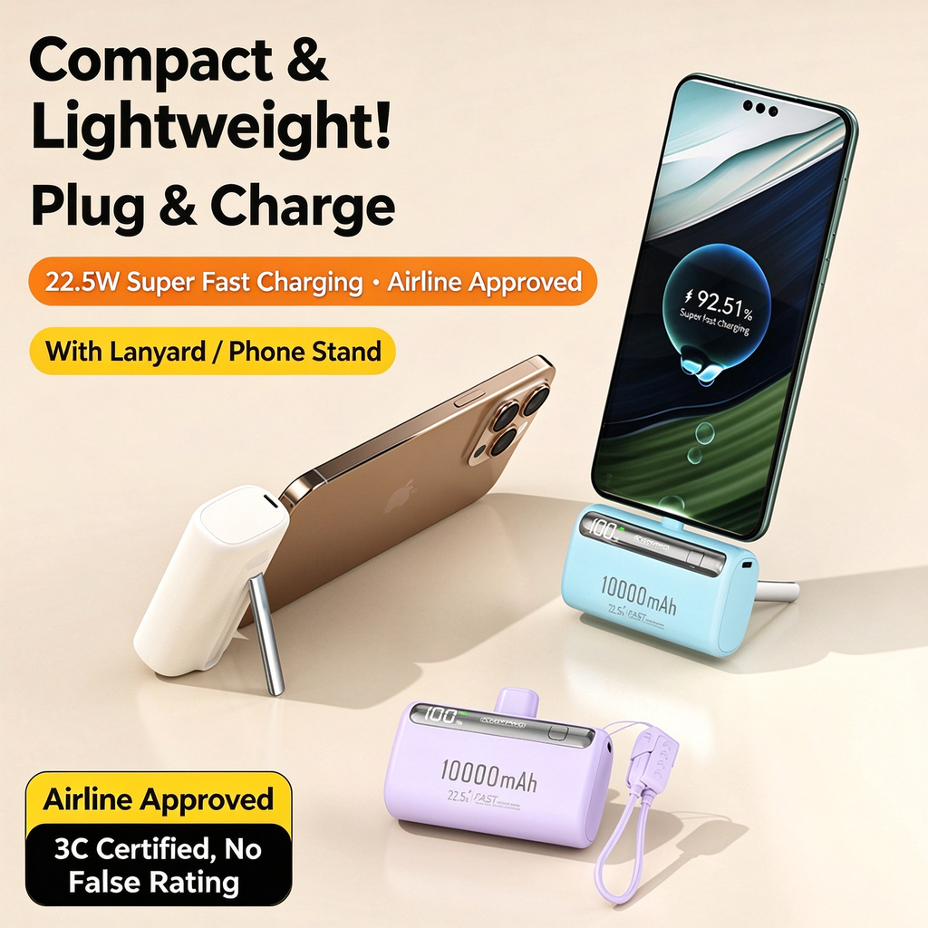 10000mAh 22.5W Fast Charging Mini Capsule Power Bank | Built-in Type-C Cable & Stand | FAA Approved (3C Certified)