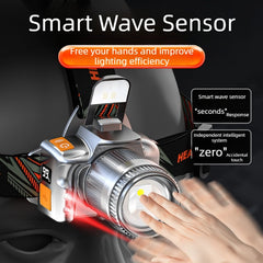 60,000LM White Laser 3-Light Source White/Yellow/Blue Smart Motion-Sensing Headlamp Stepless Zoom + LCD Battery Display Red Zuxiliary Light