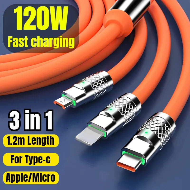 3-in-1 120W 6A Zinc Alloy Android Apple Super Fast Charge Data Cable Type C/iPhone/Micro USB 1.2 Meters
