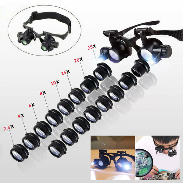 8 Sets Lenses 2.5X 4X 6X 8X 10X 15X 20X 25X LED Glasses Magnifiers Reading Repair Magnifying Glass  Solder Aid LED Lighted Magnifier Carrier Needlework Manicure