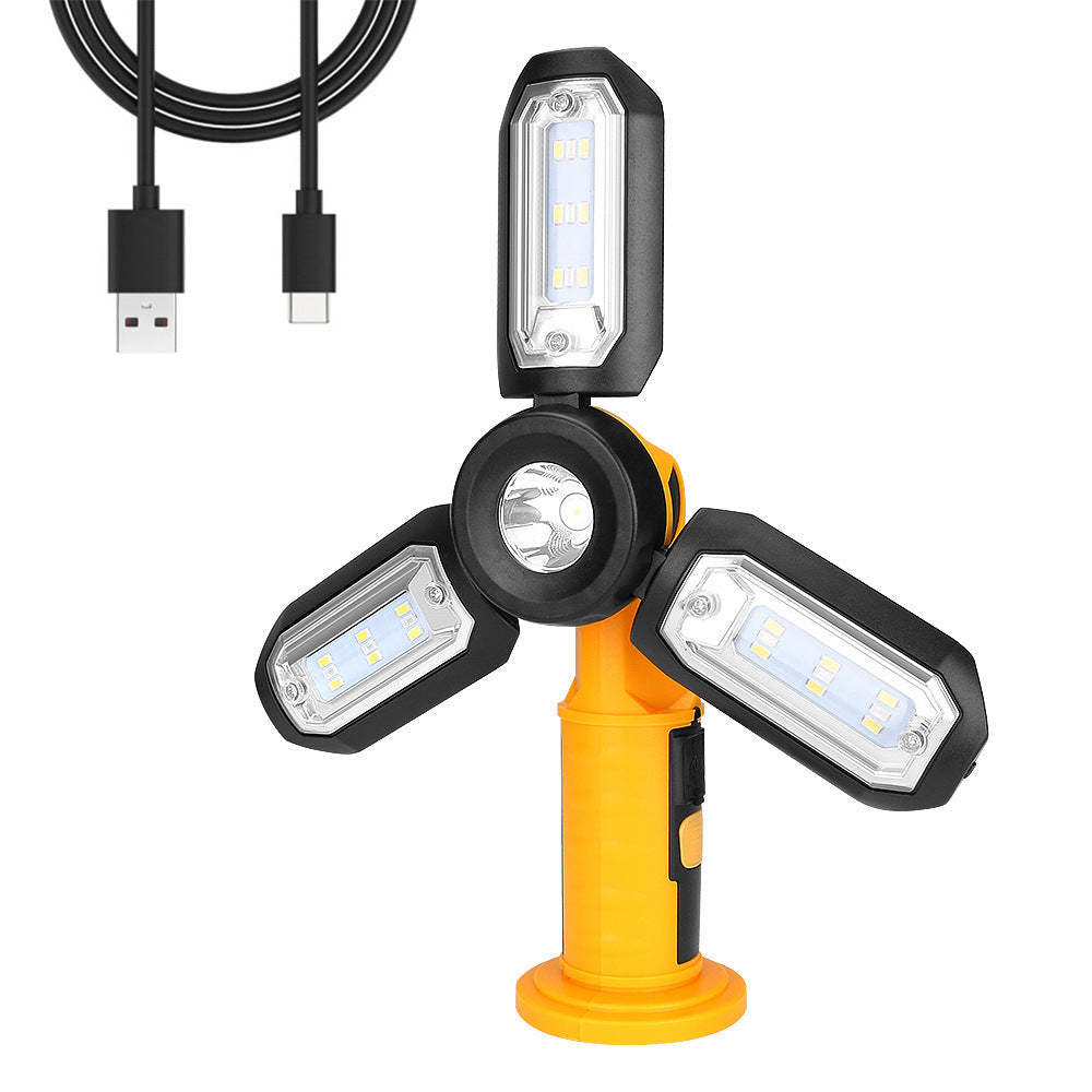 Foldable 3-Blade Light + Main Light: USB-Rechargeable Work Light—Dual-Color Lighting · Magnetic Folding · Outdoor Emergency · Maintenance and Camping—All in One