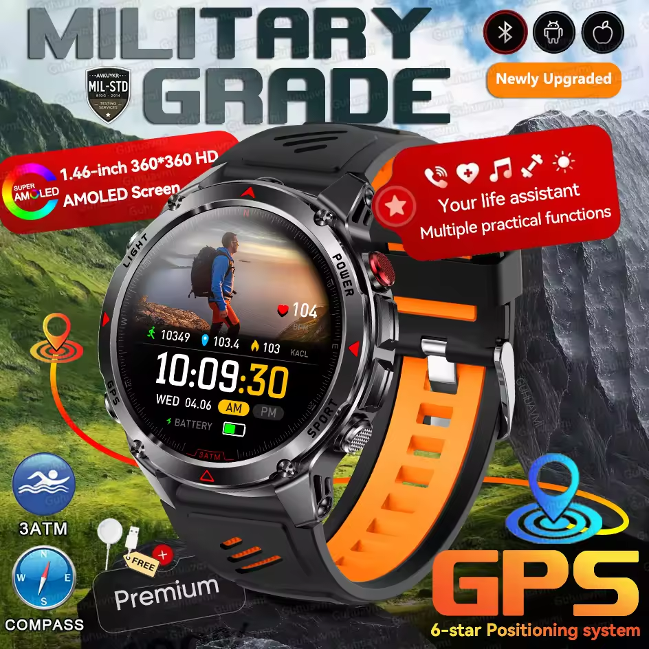 1.7-inch HD GPS Track Military Smartwatch Professional Compass 100-day standby LED torch IP68 water resistance Bluetooth calling 24/7 heart rate and blood oxygen monitoring 100+ Sports Modes IP68 Water Resistance