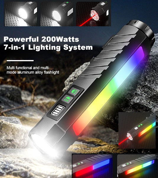 200Watts Powerful 7-in-1 Lighting System Infrared Laser LED Flashlight Built-in 3000mAh 21700 lithium Battery Multi-Function Flashlight
