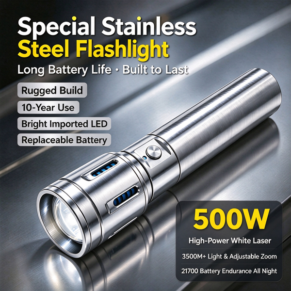 500W White Laser 304 Stainless Steel Tactical Flashlight | 3500m Long Throw | 21700 Battery Endurance That Lasts All Night |Type-C Rechargeable 5-Mode Light |10 Years Use