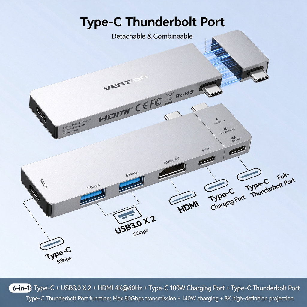Apple 6-in-2 / 7-in-2 USB-C Docking Station | Magnetic Detachable Hub with 8K Thunderbolt, 4K HDMI, 100W PD, SD/TF Reader for MacBook & USB-C Devices