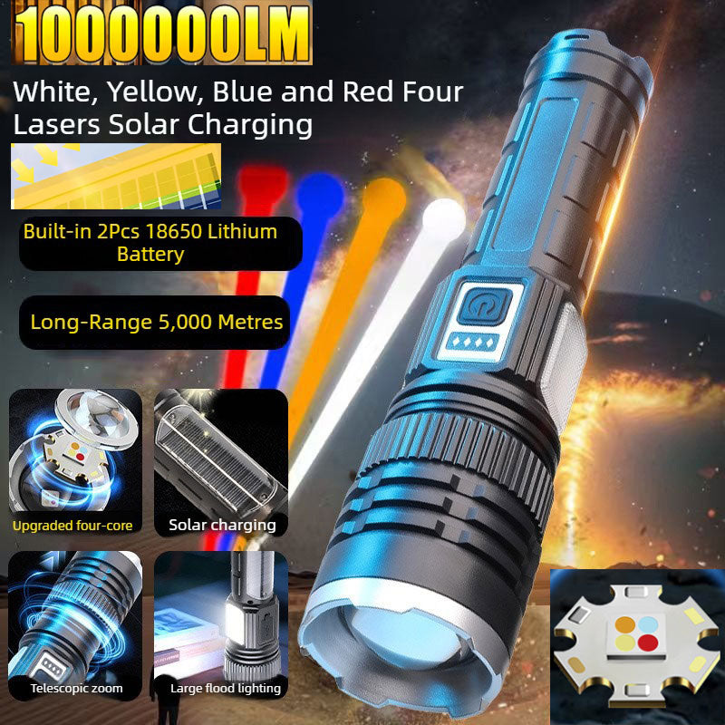 Quad-Light Solar Torch - Ultra-Long Range 5000m, 100000LM White Laser Worklight, Outdoor Camping Super-Bright Telescopic Zoom Torch, 6-30 Hour Battery Life, with Side Light and Solar Charging