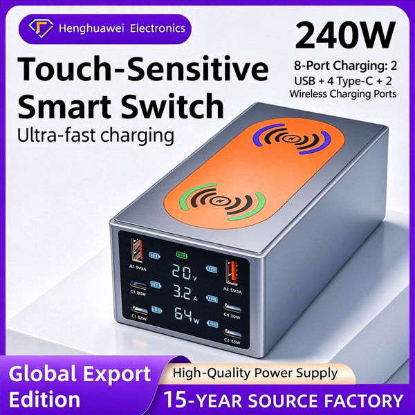 240W 8-Port Desktop Charger with Smart Screen | 2 USB, 4 Type-C & 2 Wireless Charge Laptops, Tablets, and Phones at blazing speeds