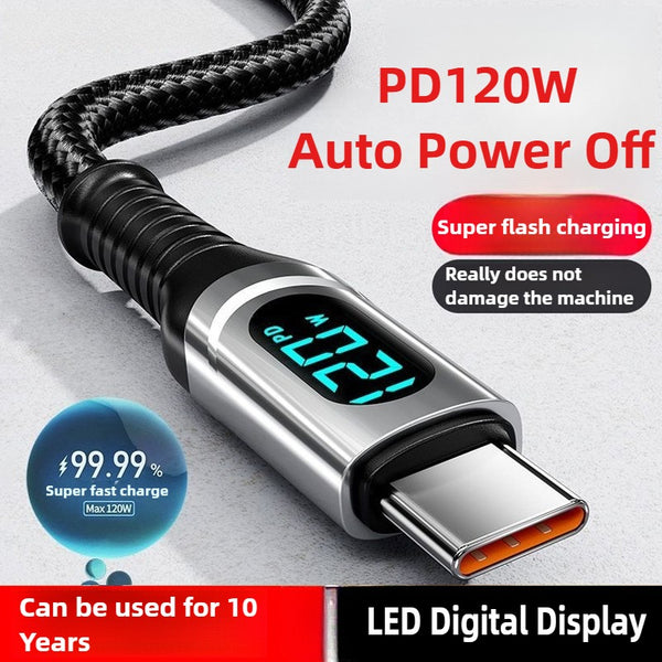PD120W Super Fast Charging Auto Power Off Charging Cable Not Hurt Phone Battery With LED Digital Display For iPHone Xiaomi Redmi Samsung