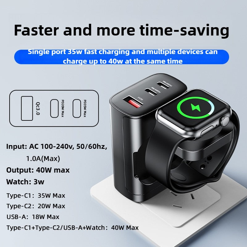 3 Ports PD40W  Phone Fast Charging Stand with Hidden Watch Wireless Charger