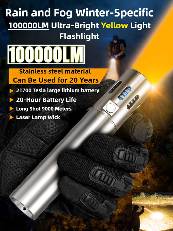 100000LM Rain and Fog Winter-Specific Ultra-Bright Yellow Light Flashlight Stainless Steel 20 Years of Use Endurance 20 Hours