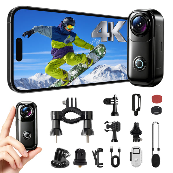 Mini 4K Ultra HD Action Camera 2 Hours Long Battery Life| IP65 Waterproof | 142° Wide Angle | Wi-Fi & App Support | One-Click Recording,Loop Recording