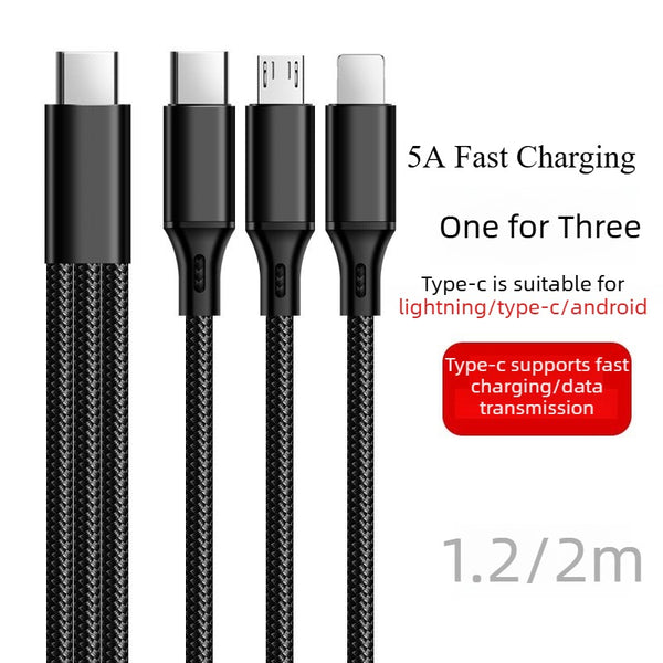 3-in-1 Type-C Long Splitter 5A Super Fast Charging Cable| Durable Nylon Braided Material | Supports Type-C/Lightning/Android Triple Interface | 1.2m/2m Length Options