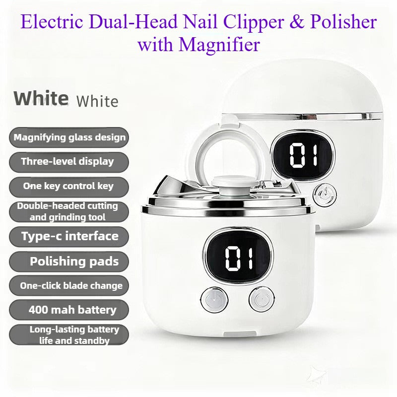 New Electric Dual-Head Nail Clipper & Polisher with 2.5X Magnifier Nano Glass Polishing Disc LCD Power Display Nail Dust Storage