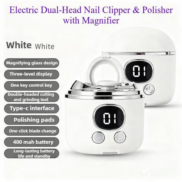 New Electric Dual-Head Nail Clipper & Polisher with 2.5X Magnifier Nano Glass Polishing Disc LCD Power Display Nail Dust Storage