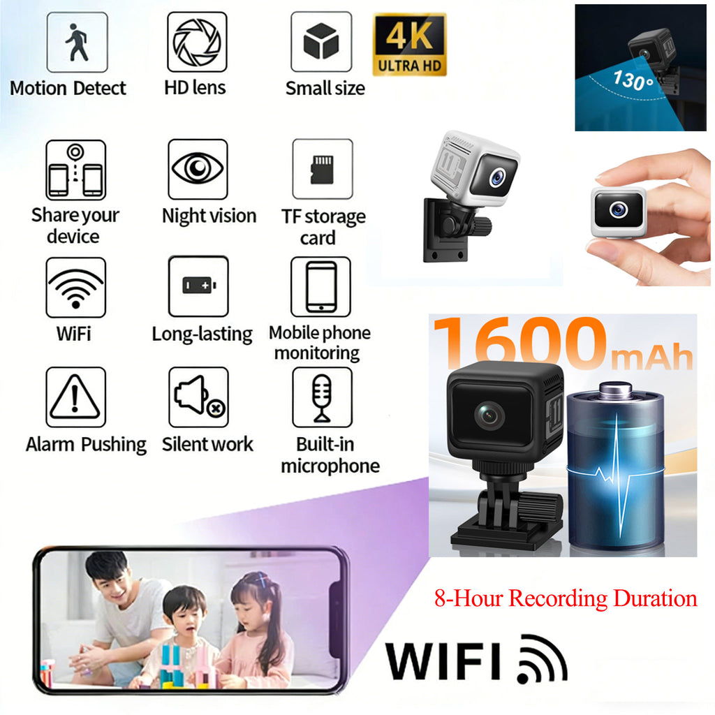 Mini 4K HD Wireless 8H Long Battery Life Camera – 130° Wide Angle |  Indoor Outdoor  | IR Night Vision | Cloud & TF Card Storage | Multi-User Sharing