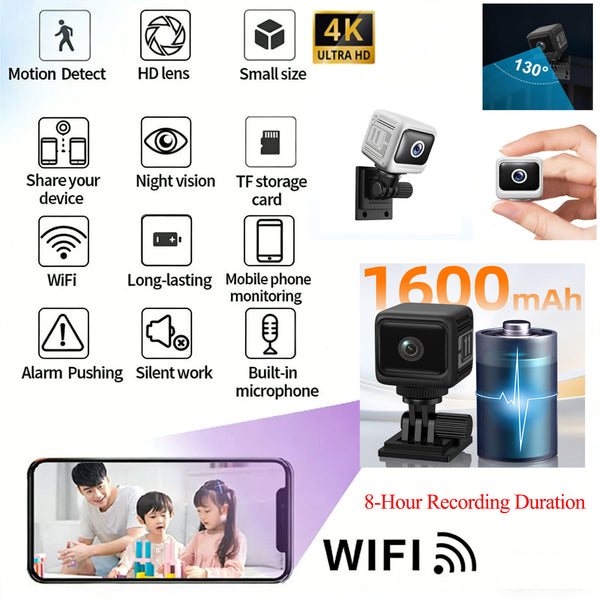Mini 4K HD Wireless 8H Long Battery Life Camera – 130° Wide Angle |  Indoor Outdoor  | IR Night Vision | Cloud & TF Card Storage | Multi-User Sharing