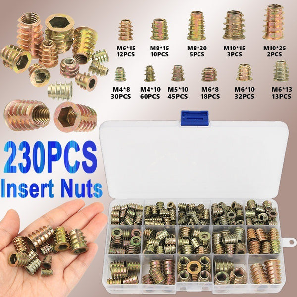230PCS Wood Insert Nut Zinc Alloy Hex Socket Drive Insert Nuts Furniture Screw Inserts Bolt Fastener For Woodworking Tools