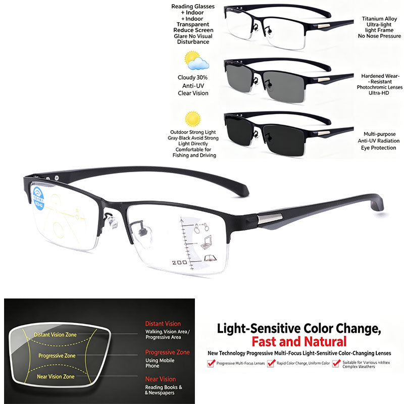 TR-90 Smart Zoom UV400 Anti-Blue Light Photochromic Reading Glasses | Progressive Multifocal for Near and Far Vision