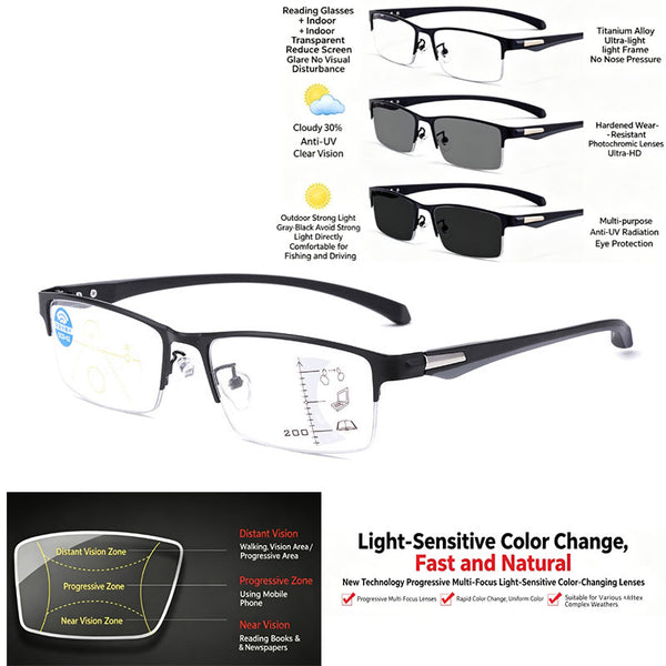 TR-90 Smart Zoom UV400 Anti-Blue Light Photochromic Reading Glasses | Progressive Multifocal for Near and Far Vision