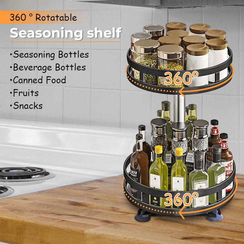 2 Layer 360°Rotation Spice Rack Non-Skid Seasoning Bottle Jar Cans Plate Tray Shelves Storage Organizer