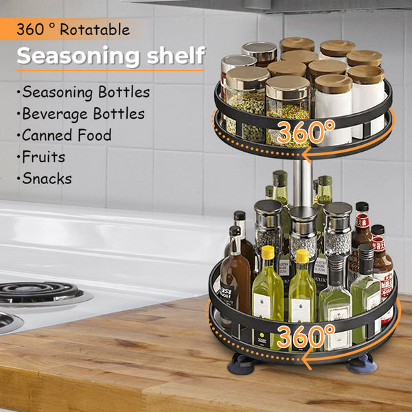 2 Layer 360°Rotation Spice Rack Non-Skid Seasoning Bottle Jar Cans Plate Tray Shelves Storage Organizer