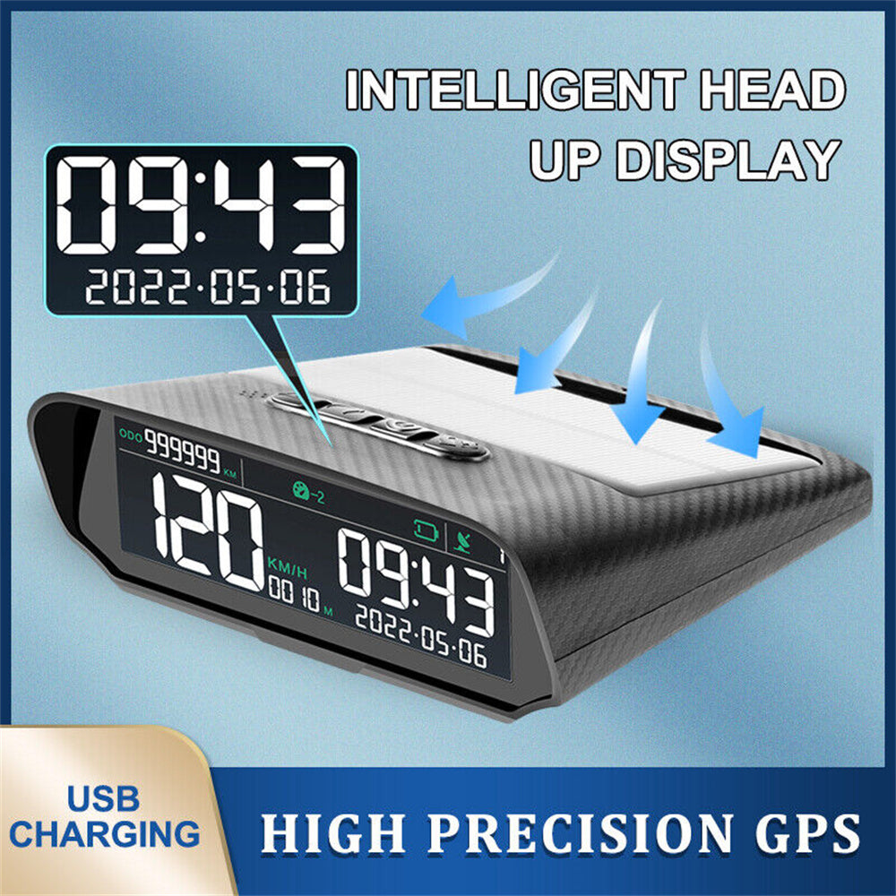 Solar Car HUD GPS Head-Up Display Digital Clock Speedometer Over-Speed Alarm Fatigue Driving Alert Altitude Mileage Display