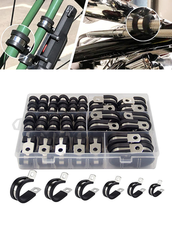 52pcs Cable Clamps Assortment Kit Hose Pipe Clamps Rubber Cushion in 6 Sizes 1/4" 5/16" 3/8" 1/2" 5/8" 3/4" 304 Stainless Steel