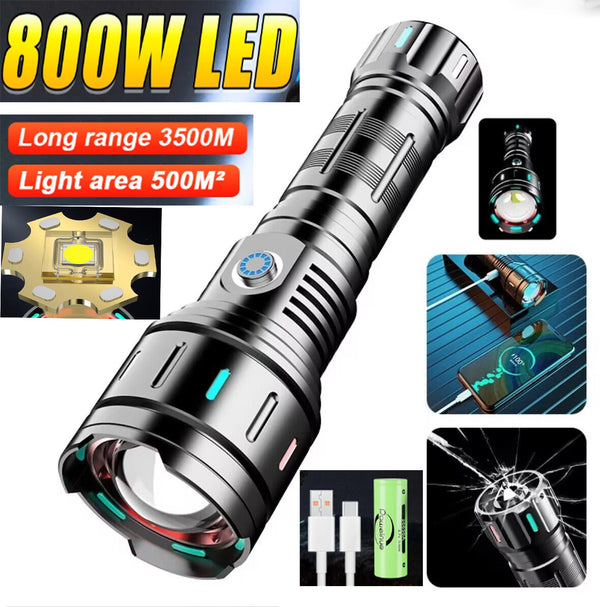 New 800W LED Ultra Powerful Long-Range Flashlight with 26650 Rechargeable Batteries High Power LED Flashlights 3500M Long Range Torch Outdoor Tactical Lantern