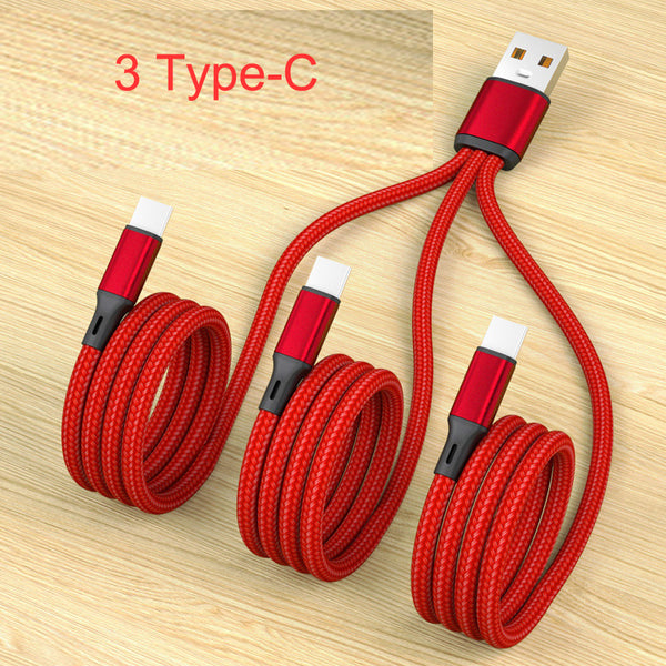 Multi-use 5A 1.2m 3-in-1 Type C Charging USB Cables Fast Charge Cable Red