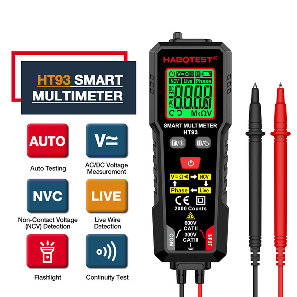 HT93 Digital Multimeter TRMS 2000 Counts Ohmmeter Auto-Ranging Backlit LCD Ohm Voltage Tester Meter Live Wire/Continuity Test