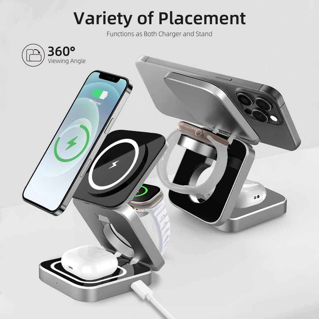 3 in 1 Magnetic Wireless Charger Stand Pad For iPhone  IWatch Airprods Samsung Watch Macsafe Fast Charging Station